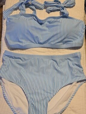 Herseas Striped Light Blue Bandeau High-Waist Bikini